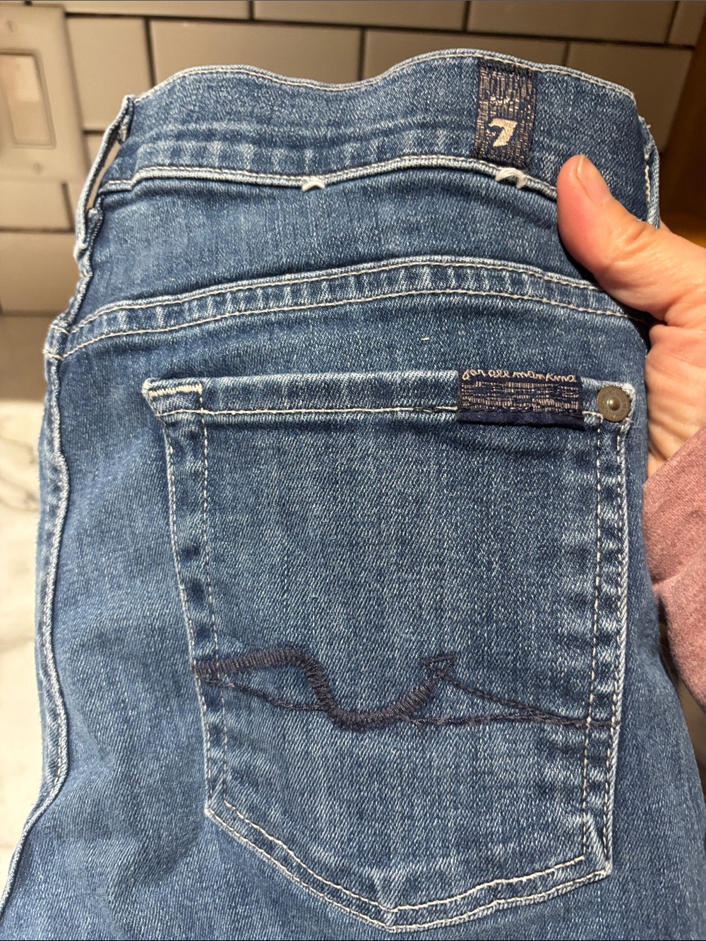7 For All Mankind Medium Blue Flare Jeans with Raw Hem - Picture 5 of 5